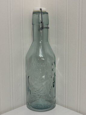 Vintage Absolutely Pure Milk Glass Jug 12” Embossed Cow Bottle w/ Cap Farmhouse